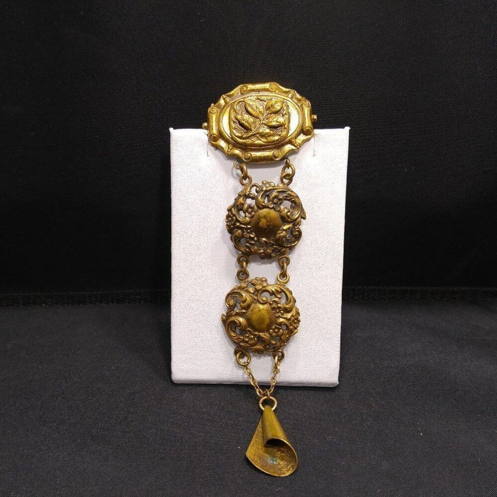 Vintage Brass Dangle Brooch 5.5" Long Filigree Panel Patina Finish Statement Pin